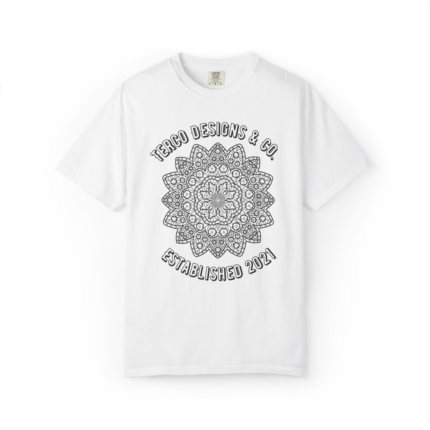 White t-shirt with black mandala design and text on a white background